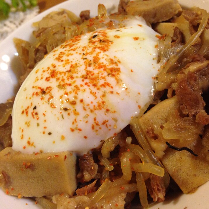 温泉卵のせ♪高野豆腐の豚丼